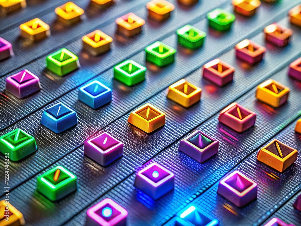 Poster macro close-up of audio video playback control buttons: thin line design, flat style
