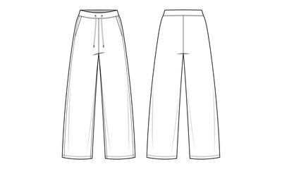 Loungewear Pants Technical Fashion Illustration. Jogging Pants with Elasticated Waist and Adjustable Drawstring Vector Template. Front and Back View. Relaxed Fit. Spring summer. CAD Mockup Set.