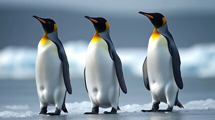Obraz premium Group of Penguins Standing on an Icy Shore in Antarctica: A Majestic Winter Scene