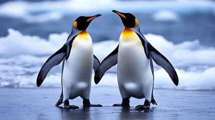 Obraz premium Group of Penguins Standing on an Icy Shore in Antarctica: A Majestic Winter Scene