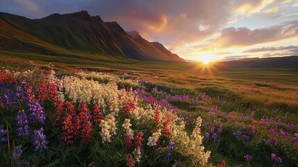 Vibrant wildflower meadow at sunset with majestic mountains in the background, evoking tranquility