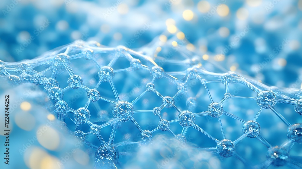 Poster a blue and white image of a network of molecules. the image is abstract and has a futuristic feel to