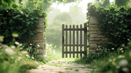 Stone wall gate, path, green plants, sunlight.