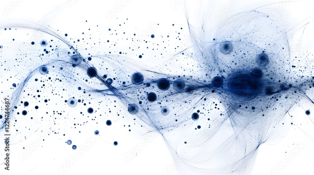 Poster a blue wave with many small dots in it. the dots are scattered all over the wave. the image has a dr