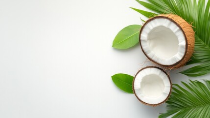  A half of coconut with leaves on white background.