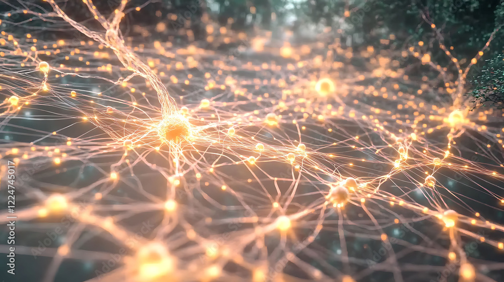 Poster stunning abstract image depicting a neural network, glowing with warm light against a dark backgroun