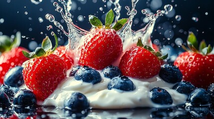 Juicy strawberries and vibrant blueberries create a lively splash as they dive into luscious yogurt, celebrating the sweetness of summer with every drop of flavor