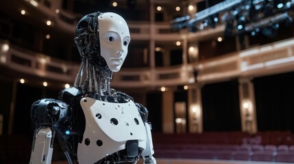 Realistic humanoid robot standing on stage with theater lights and seating blurred background