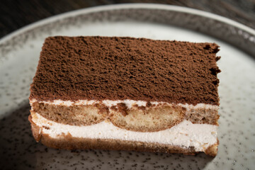 Tiramisu cake dessert served with coffee, biscuit and cocoa on dark background.spoon. Dessert. Food Concept