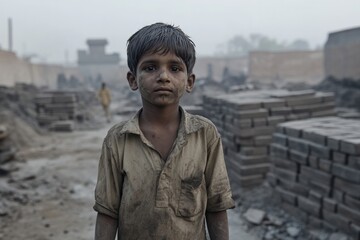 Indian boy with dirty hands and clothes works in a brick factory, around a gray landscape and piles of bricks. Concept: third world countries, child labor, Exploitation and Oppression