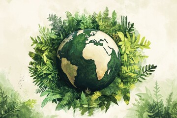 A vibrant illustration of a globe surrounded by lush green foliage, symbolizing environmental awareness and conservation efforts, with a soft, natural background enhancing the theme