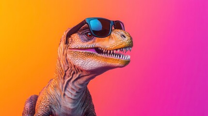 Fototapeta premium Cool dinosaur wearing sunglasses on vibrant pink and orange background