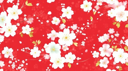 Elegant Red Background with Delicate White Cherry Blossoms