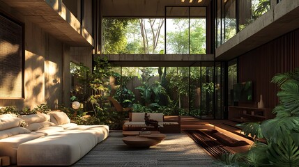 Fototapeta premium A tropical rainforest house elevated on stilts, with open spaces and natural ventilation.