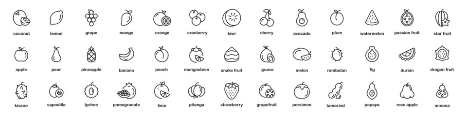 Fruits Stroke icon collections. Fruits - thin line web icon set. Outline icons collection. Simple vector illustration. Strawberry, peach, apple, raspberry, pear, banana, orange