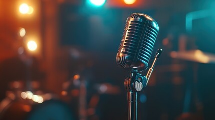 Vintage Microphone on Stage, Retro Music Recording Studio
