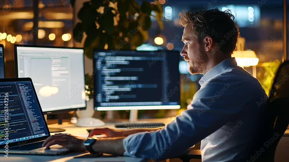 Aufkleber a dedicated programmer coding into the night in a softly illuminated workspace.