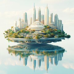 Fototapeta premium Futuristic Floating City with Reflection in Water