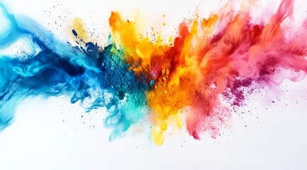 Colorful explosion of paint, a rainbow of colors on a white background
