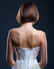 beautiful young Caucasian woman, wearing a white lace corset, AI generated