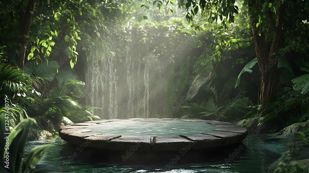 Poster a 3d render of a circular stone platform in the middle of a tropical jungle, surrounded by flowing w