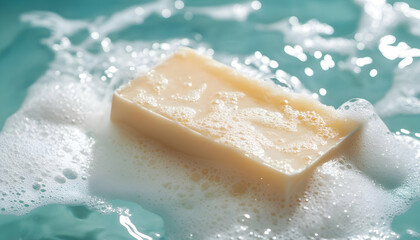 A bar of soap suspended in white foamy water, creating a clean and refreshing aesthetic.  -