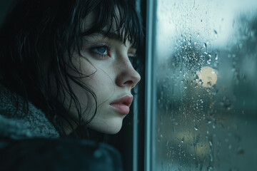 A young woman looking out of a rain-covered window, deep in thought.