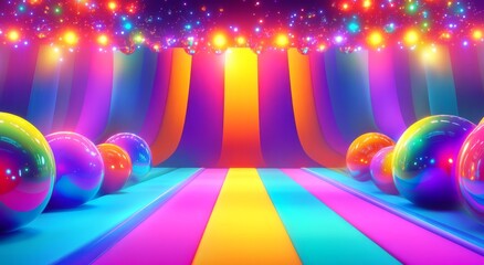 Fototapeta premium A vibrant stage with colorful balls, rainbow stripes, and lights in a cartoon style,