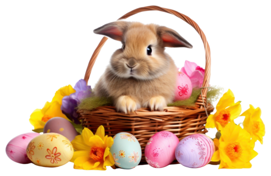 PNG Easter eggs rabbit flowers basket.