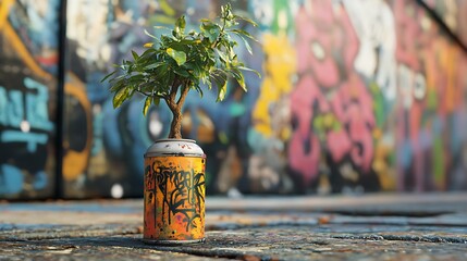 Naklejka premium Urban Street Art of a Tree Growing from a Spray Paint Can: A Fusion of Nature and Graffiti