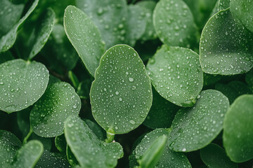 Fototapeta premium Dewy Green Leaves: A close-up view of glistening green leaves, each adorned with delicate droplets of morning dew, creates a mesmerizing texture and captures the essence of freshness and vitality. 