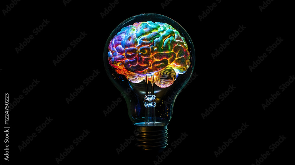 Poster a colorful brain illuminated inside a light bulb showcasing creativity and innovation in a dark sett