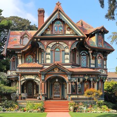 Fototapeta premium A grand Victorian mansion with ornate detailing, a steeply pitched roof, and manicured gardens with rose bushes, creating a historic atmosphere.