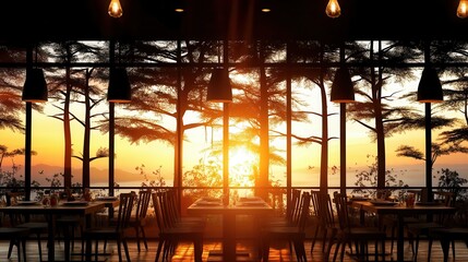 Sunset view from a cozy restaurant interior.
