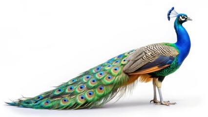 Fototapeta premium Indian Peafowl, Profile View, White Background