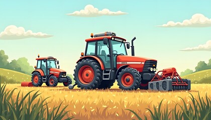 Fototapeta premium Two Tractors Working a Golden Field of Grain