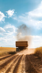 Naklejka premium A dump truck releases a load of sand onto a vast, sunny field, symbolizing progress -