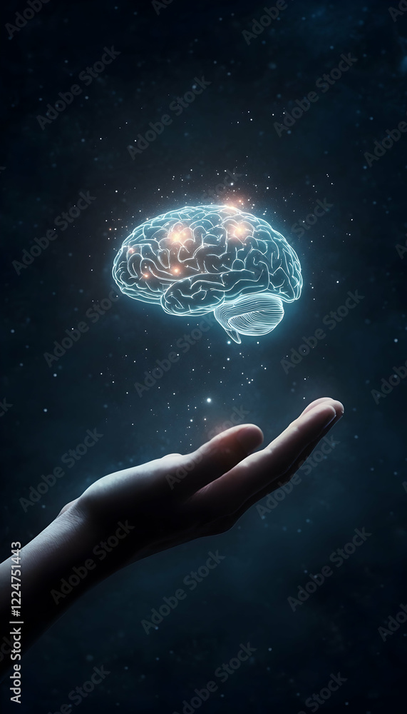Poster a glowing brain floating above an open palm, symbolizing human thought and intelligence -
