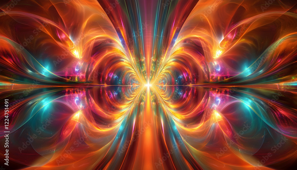 Poster a glowing tunnel with vibrant lights creating a sense of motion and wonder at its center -