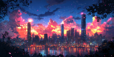 Fototapeta premium Stunning digital art depicting a vibrant cityscape at sunset. Pink and orange hues paint the sky, reflected in a calm body of water.