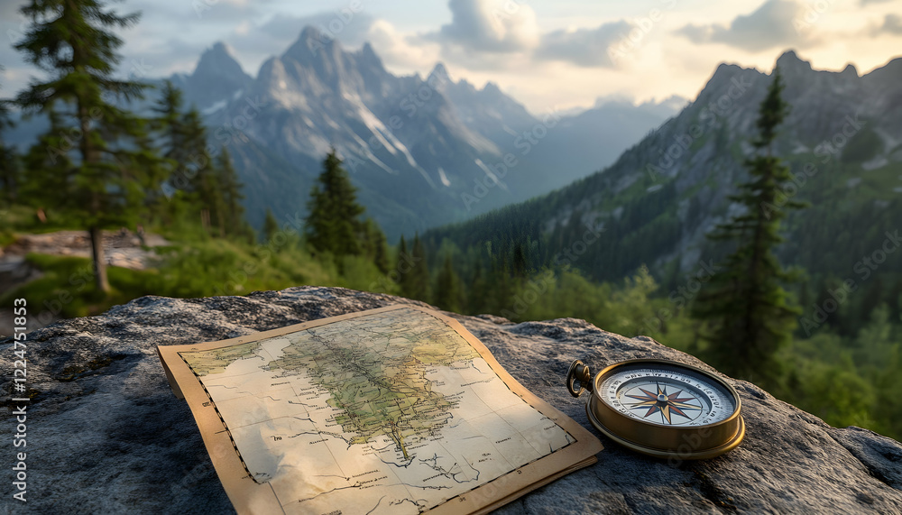 Poster a hiking trail map and compass on a rock with a view of forested peaks in the background -