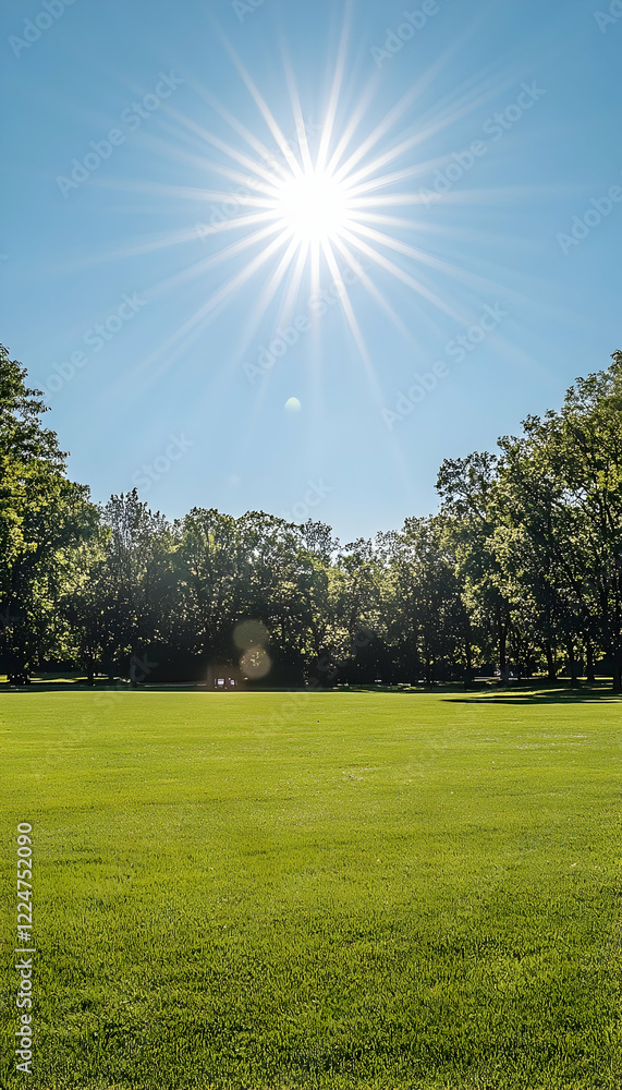 Poster a large, open field with trees in the background and a bright sun in the sky -