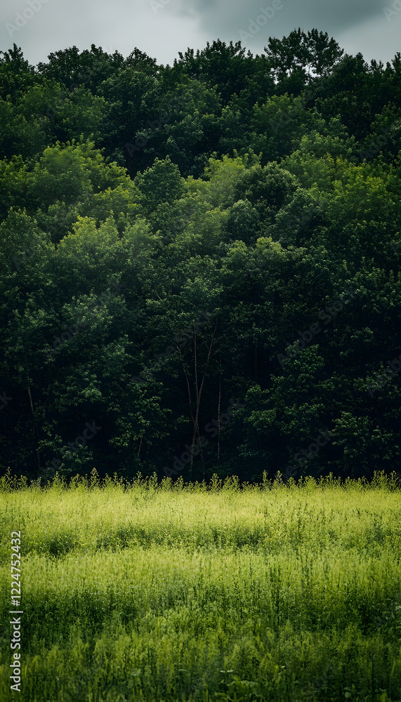 Poster a lush field with trees behind allowing for copy space image -