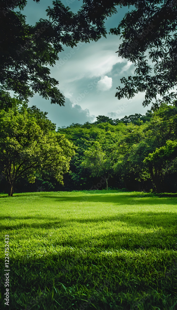 Poster a lush field with trees behind allowing for copy space image -