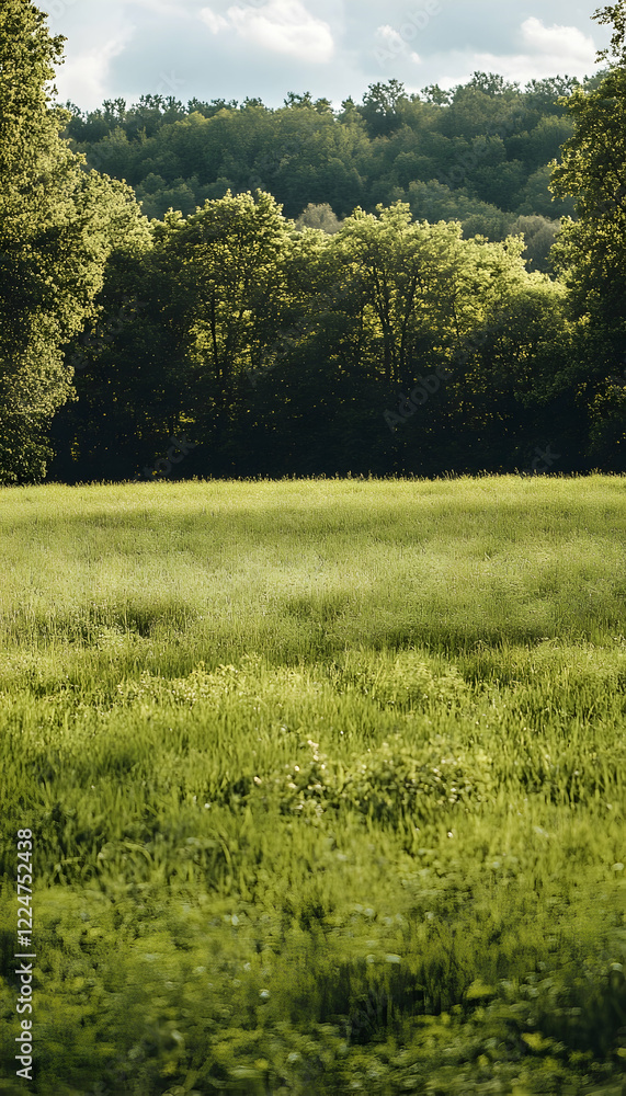 Poster a lush field with trees behind allowing for copy space image -