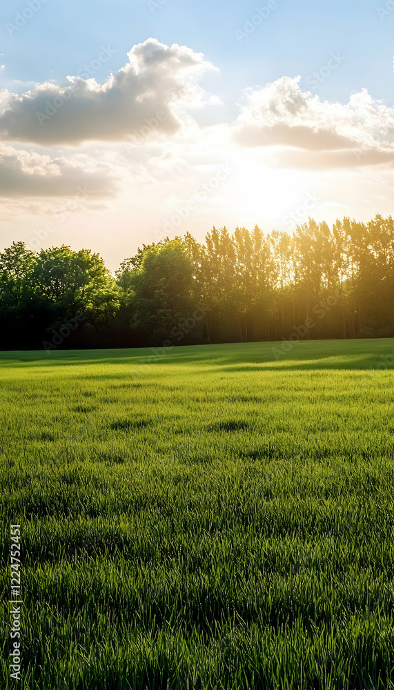 Poster a lush field with trees behind allowing for copy space image -
