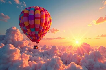 Obraz premium A vibrant cluster of colorful balloons ascends into a breathtaking sunset sky, filled with fluffy clouds