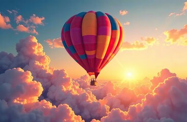 Fototapeta premium A vibrant cluster of colorful balloons ascends into a breathtaking sunset sky, filled with fluffy clouds