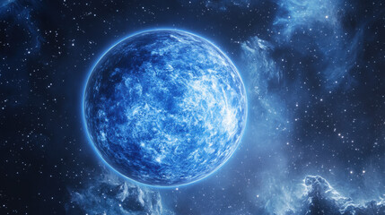Glowing Blue Planet Floating in Deep Space

