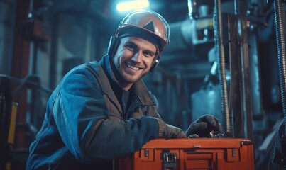 Smiling Repairman with Toolbox and Cable in Industrial Workshop, Happy Engineer in Protective Gear Ready for Work, Mechanical Maintenance Concept, Generative AI
